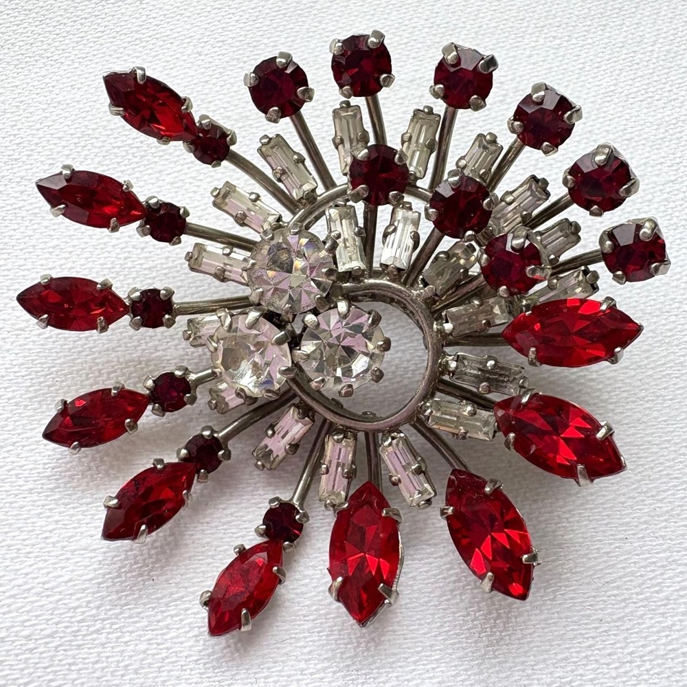 Vintage MCM Red Rhinestone Atomic Starburst Pinwheel Silver Tone Baguette Pin